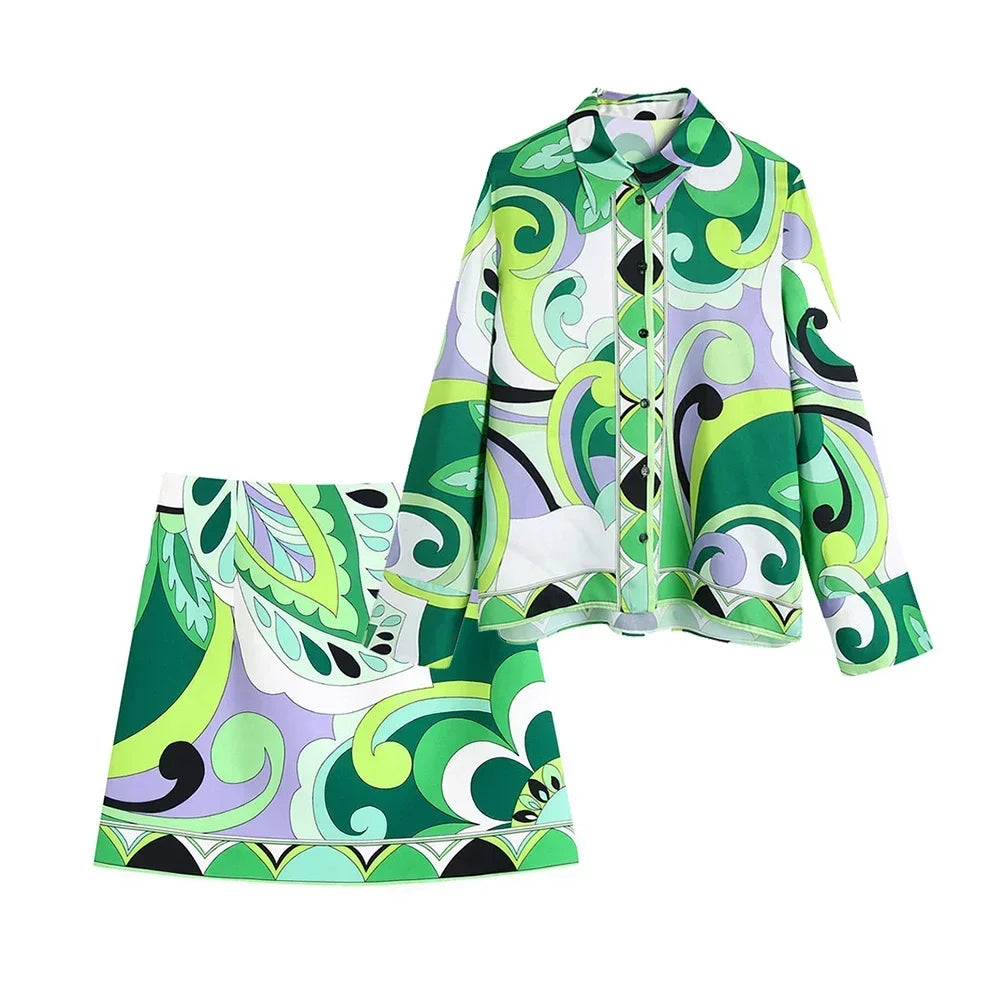 Summer Skirt Sets Women Tops 2024 Fashion Long Sleeve Plant Print Flower Shirt High Waist A-line Skirt Boho Beach Sets Y2k Skirt