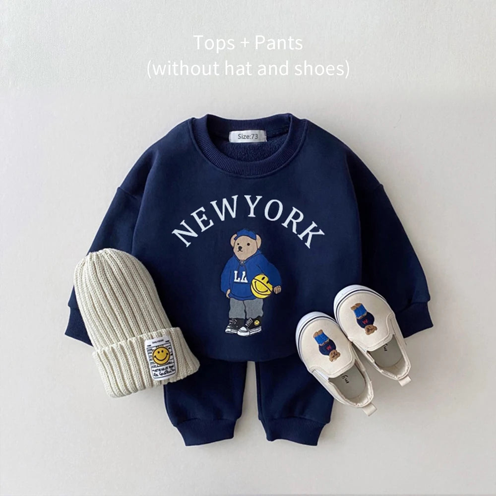 Newborn Spring Autumn 2PCS Baby 0-4Y Cotton Thick Long Sleeves+Pants Bear Boys Girls Printed Clothes Warmth Set Children