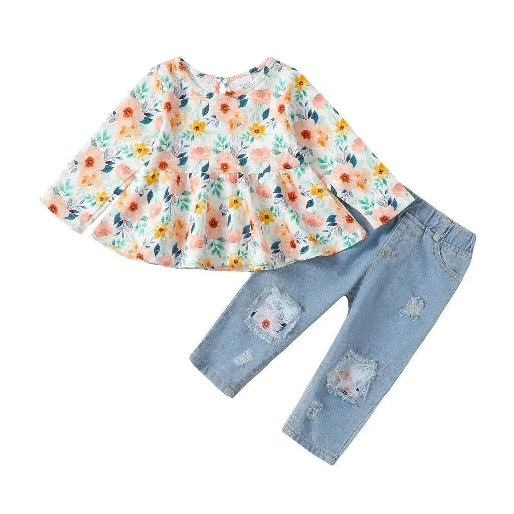 Toddler Girl Fashion 2Pcs Clothing Set Long Sleeve Floral Blouse+Ripped Holes Jeans Spring&Autumn All Match Suit