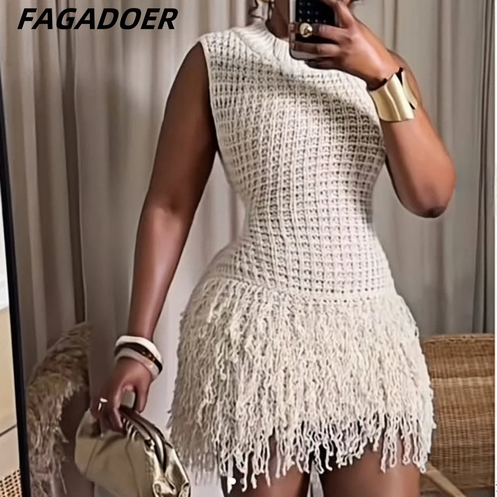 FAGADOER Fashion Tassels Hollow Out Splicing Mini Dresses 2024 Women Round Neck Sleeveless Slim Vestidos Elegant Lady Clothing