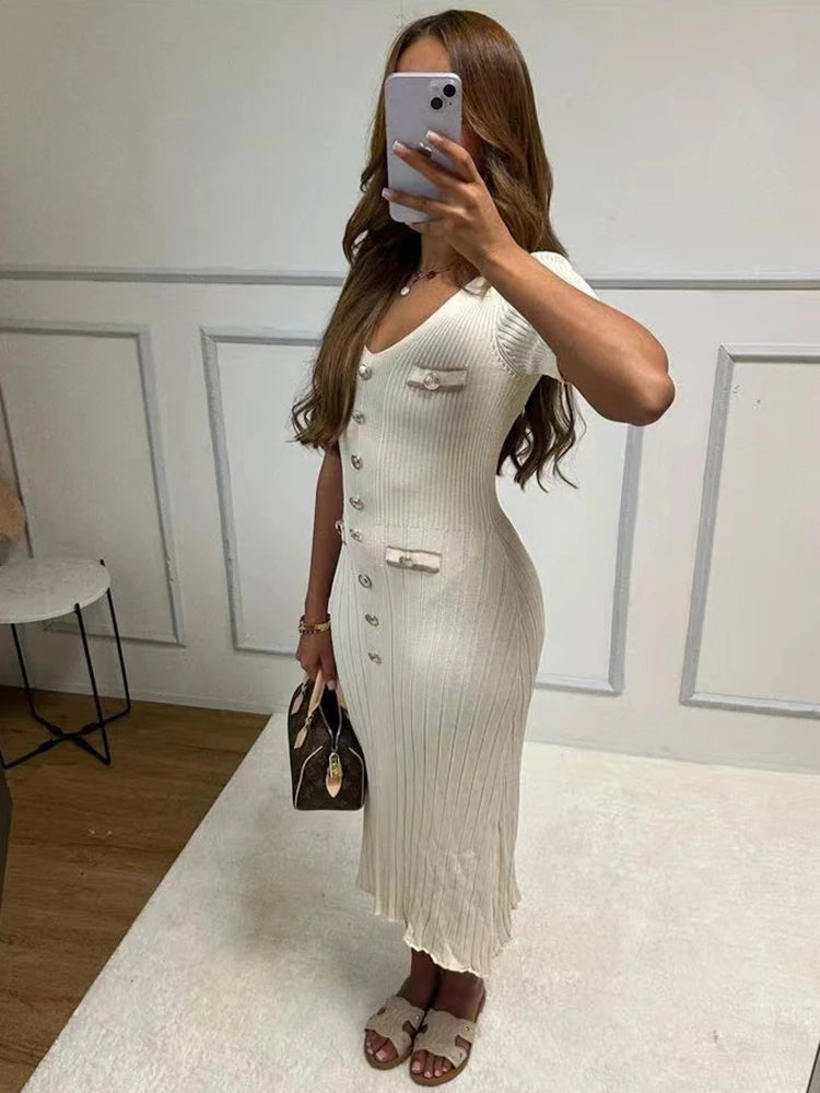 Office Lady Elegant Knitted Long Dress Summer Short Sleelve V Neck Single Breasted Bodycon Dresses Women Party Fashion Vestidos