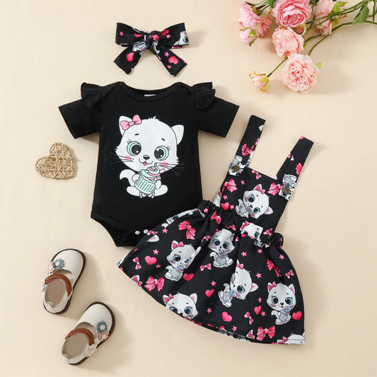 3-Piece Baby Girl  Dress Set - Adorable Cat