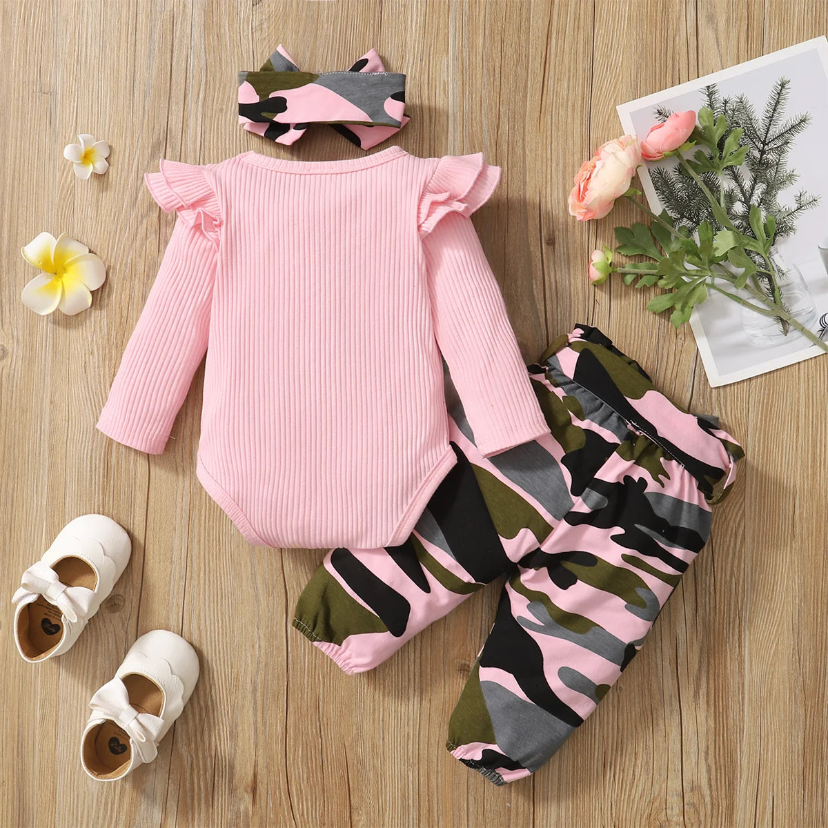 Baby Girl Clothes Set Infant Girl Long Sleeve Bodysuit + Camouflage Pants + Headband Cotton Clothing Suit