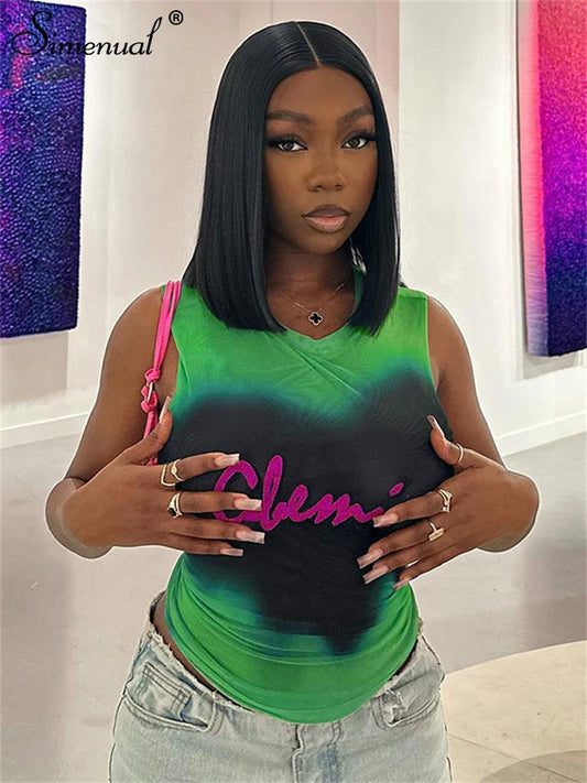 Tie Dye Printed Sleeveless Tank Top Sexy Mesh See Through Crop Tops Women