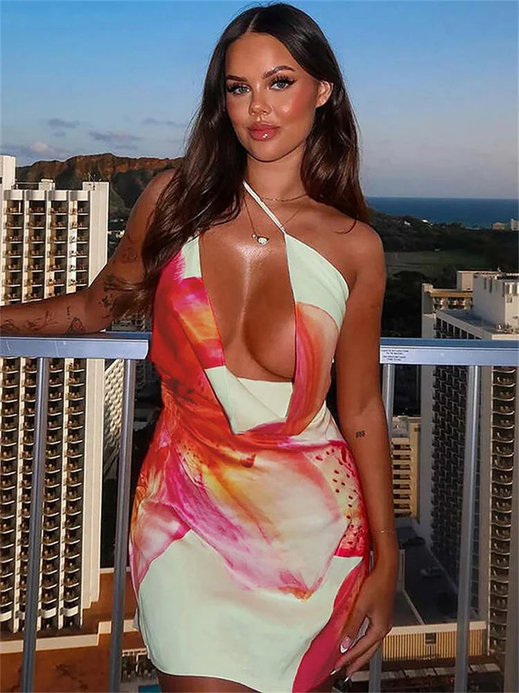 One-Shoulder Spaghetti Straps & Flirty Backless Style Bold Bloom Bodycon Mini Dress