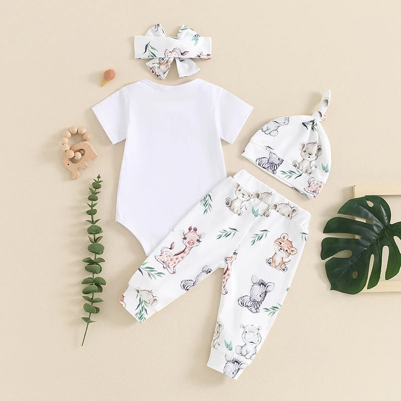 Baby's Outfits Short Sleeve Animal Print Romper + Pants + Headband + Hat Set Clothes