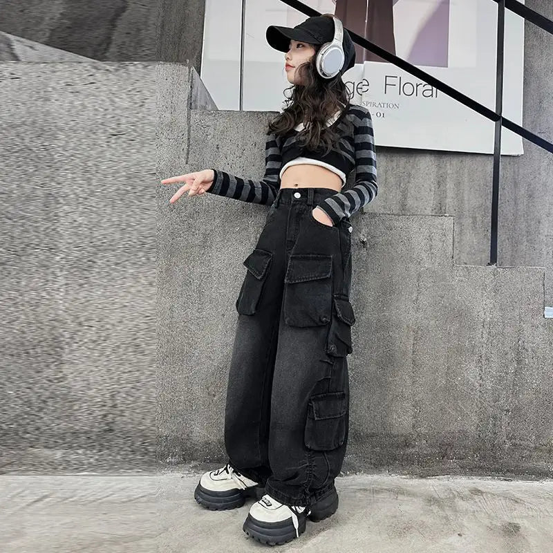 Cargo Jeans Elastic Waist Teenage Children Wide Leg Pants Design Streetwear