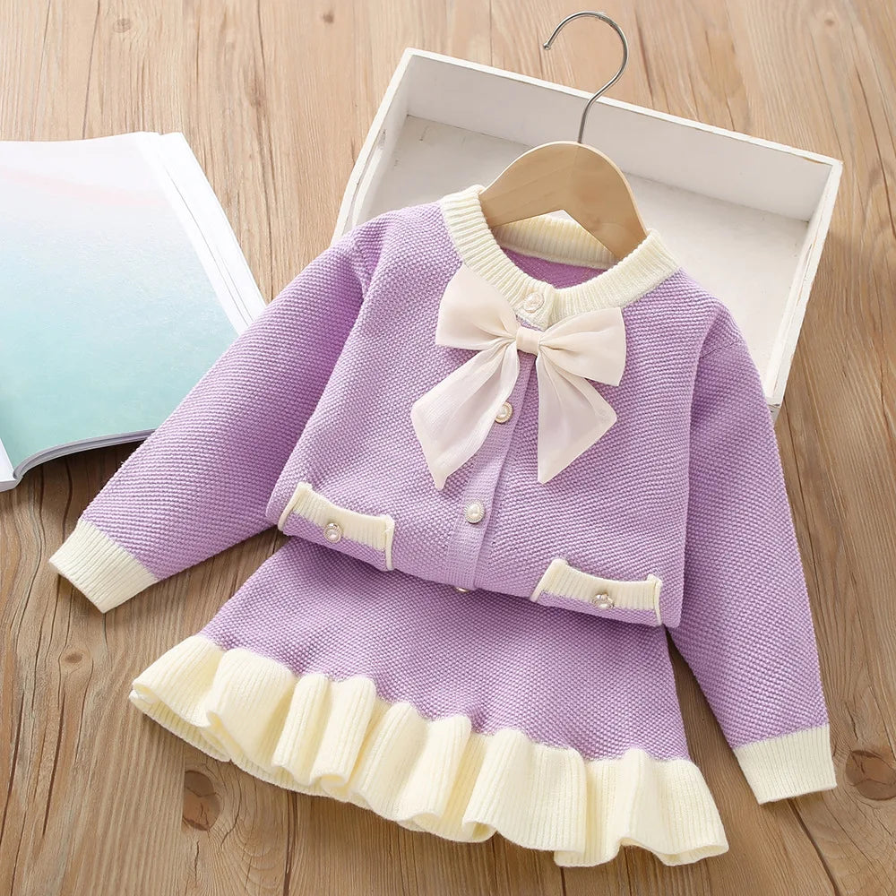 Autumn Dress Bow Korean Edition Children's Set Baby Foreigner Knitted Cardigan Set