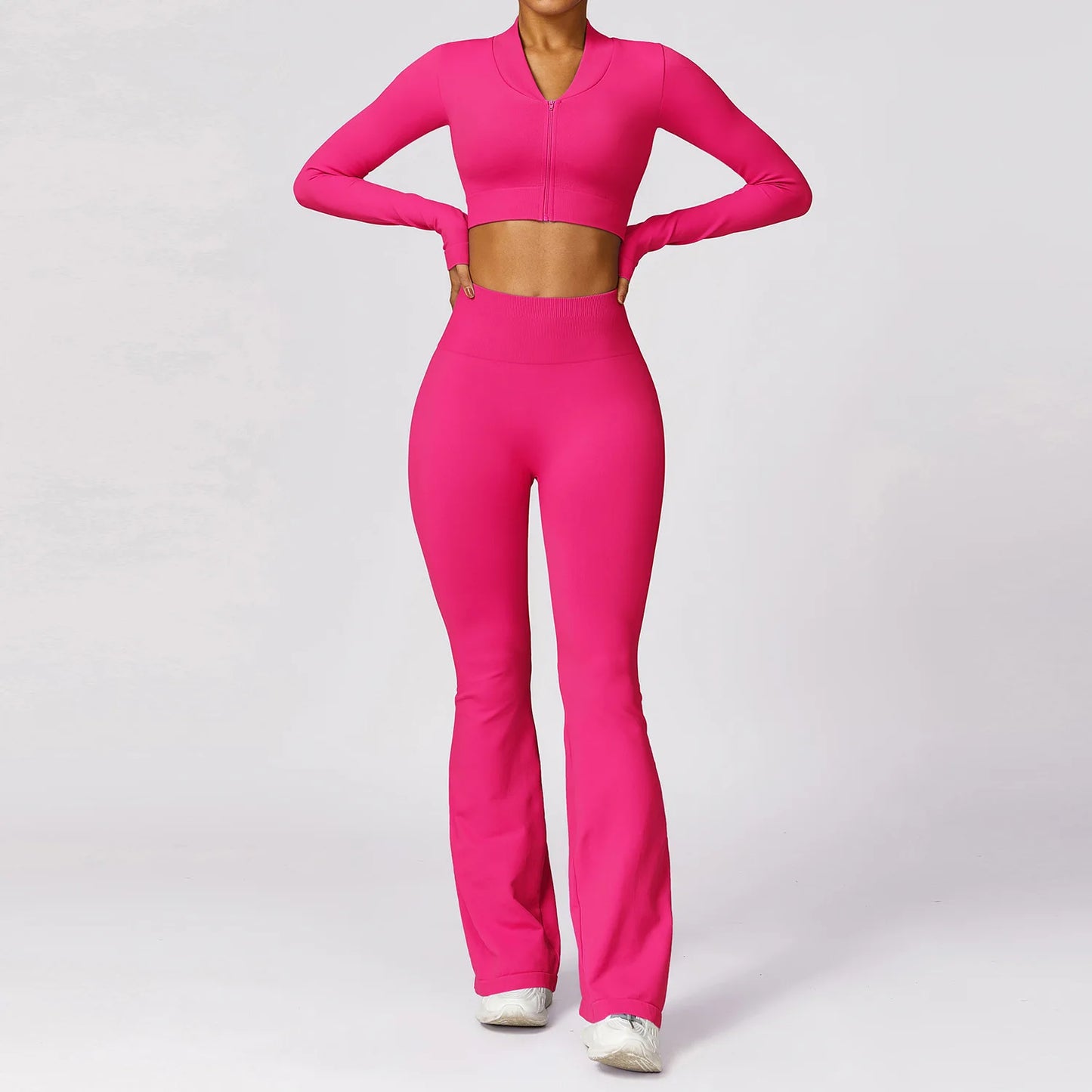 Tracksuit Long Sleeve Yoga Wear 2 Piece Sport Outfit High Waist Flare Leggings Sportwear Gym Set