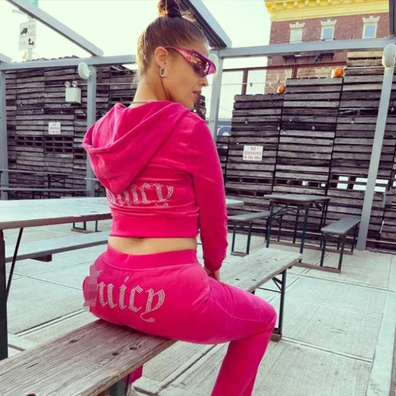 Rhinestone Logo Tracksuit Women Autumn Activewear Juicy Bling Velour Long Sleeve Hoodie Jacket+Track Pants Two Piece