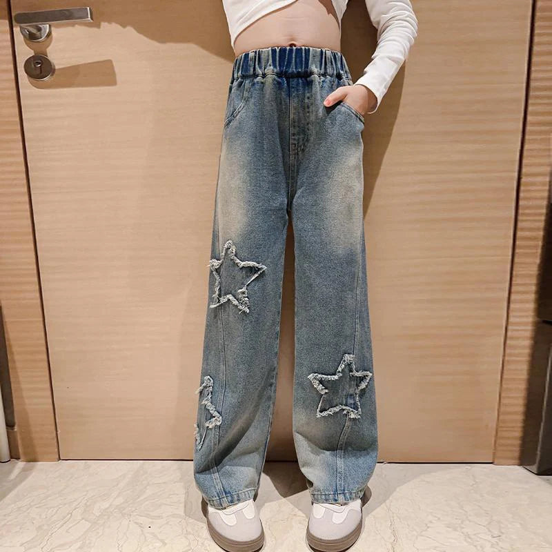 IENENS High Waist Jeans Girl Straight Loose Wide-leg Pants Spring and Autumn Korean Baggy Jeans Fashion Kids Denim Trousers