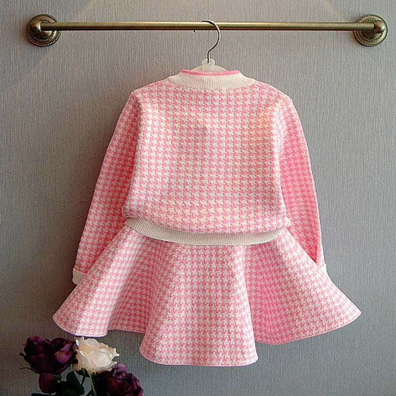 Girl Pink Plaid Sweater Sets Winter Kids Cardigan Sweater Baby Girl Toddler Clothing