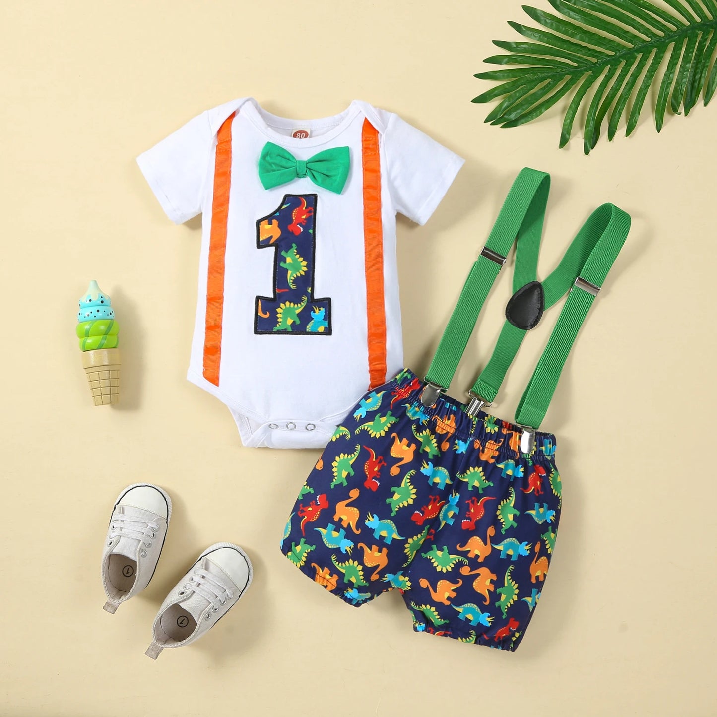 Baby Boys Birthday Outfits Sets Balloon Letter"1" Bodysuit and Y-back Suspender Shorts 1 Year Birthday Baby Cake Smash Clothes