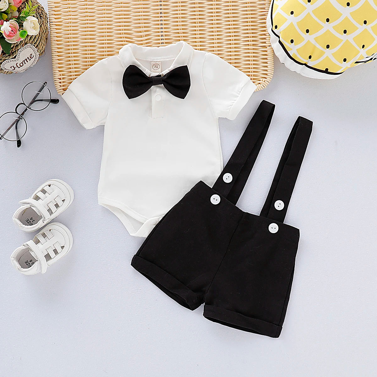 0-24 Months Newborn Baby Boy Gentlemen Clothes Set Bowtie Short Sleeve Cotton Romper+Suspender Pant Toddler Summer 2PCS Outfits