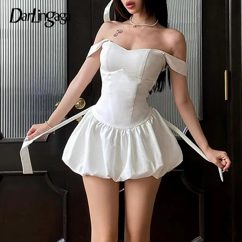 Darlingaga Fashion Chic Satin Party Dress Mini White Bud Spaghetti Strap Corset Sexy Summer Dresses Women Tie-Up Bow Sundress