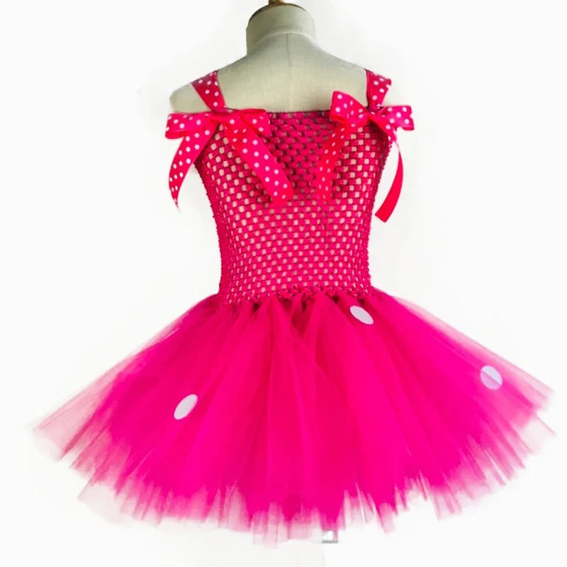 Cute Girls Pink Mickey Tutu Dress Baby Crochet Tulle Dress with White Dots and Hairbow Kids Birthday Party Cartoon Cosplay Dress