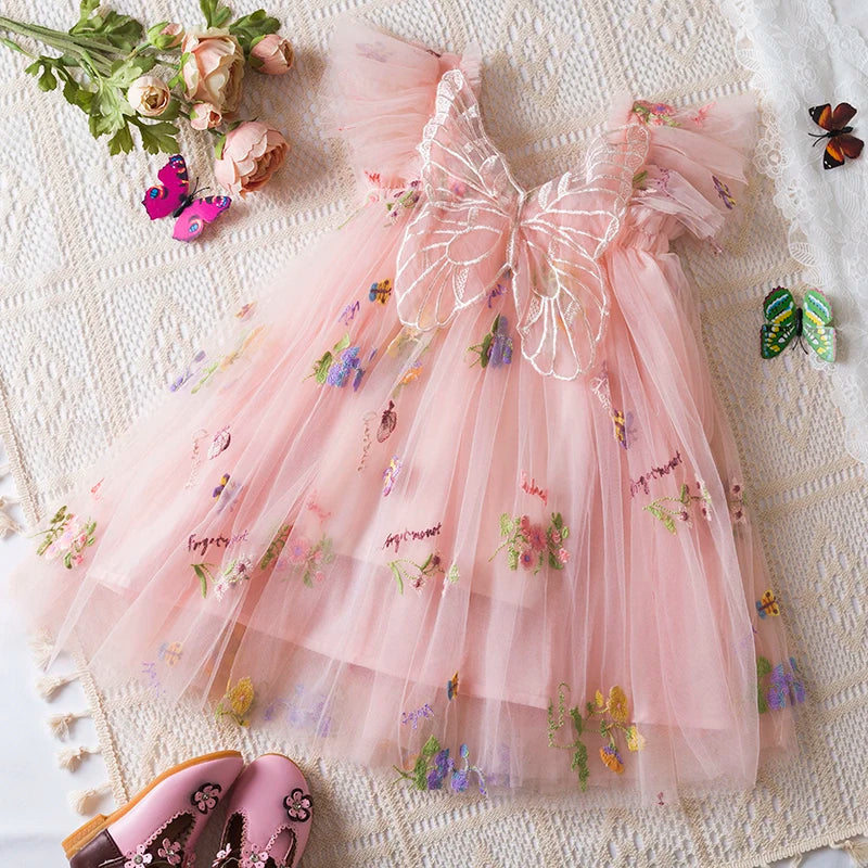 Fashion Dress Holiday Girls Suspender Puffy Mesh Clothes Children Flower Wear Princess Embroidery Tulle Dress