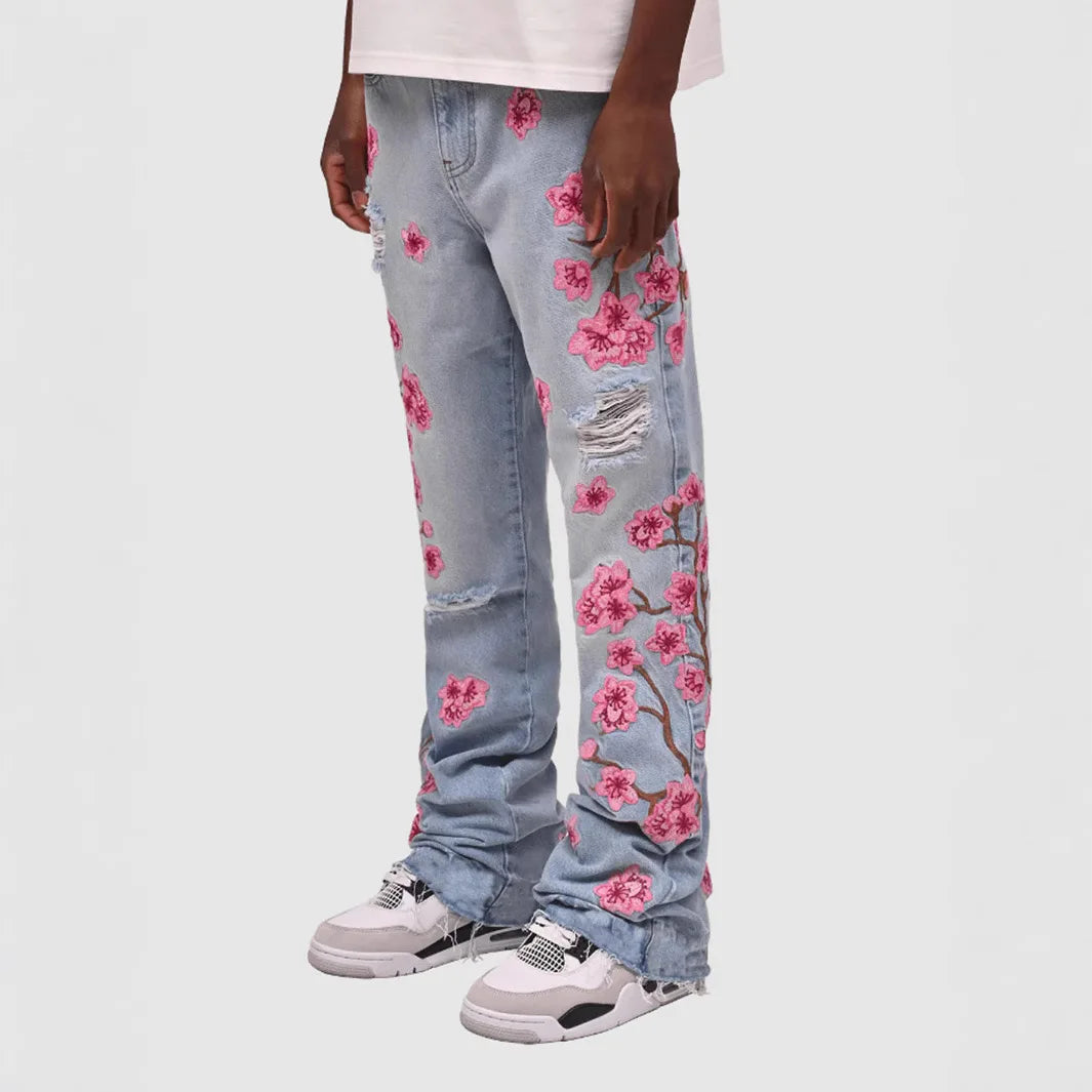 Men Ripped Holes Floral Patchworks Denim Pants Male's Fashion Clothes