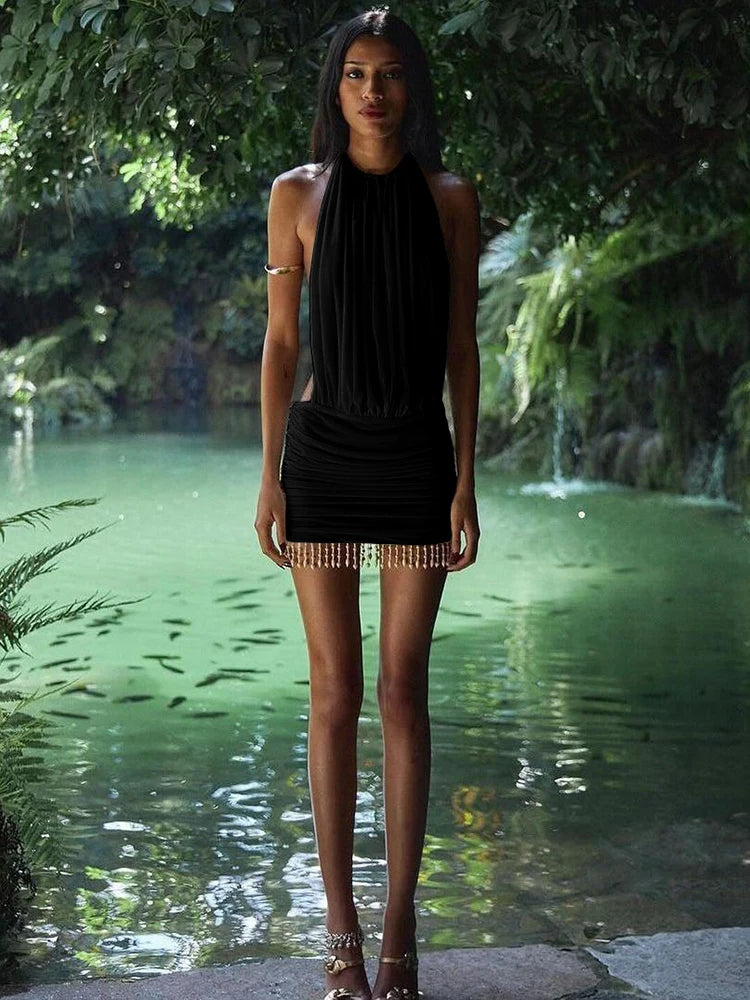 Mesh & Clubwear Fantasy Enchanted Edge Pearl Trim Halter Mini Dress