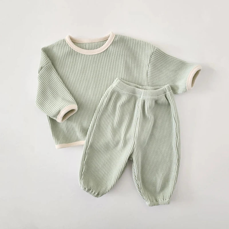 Korean Style Children Clothes Suit Waffle Cotton Pullover+Pants Baby Boys Girls Clothing Set Spring Autumn Kids Clothes Suit