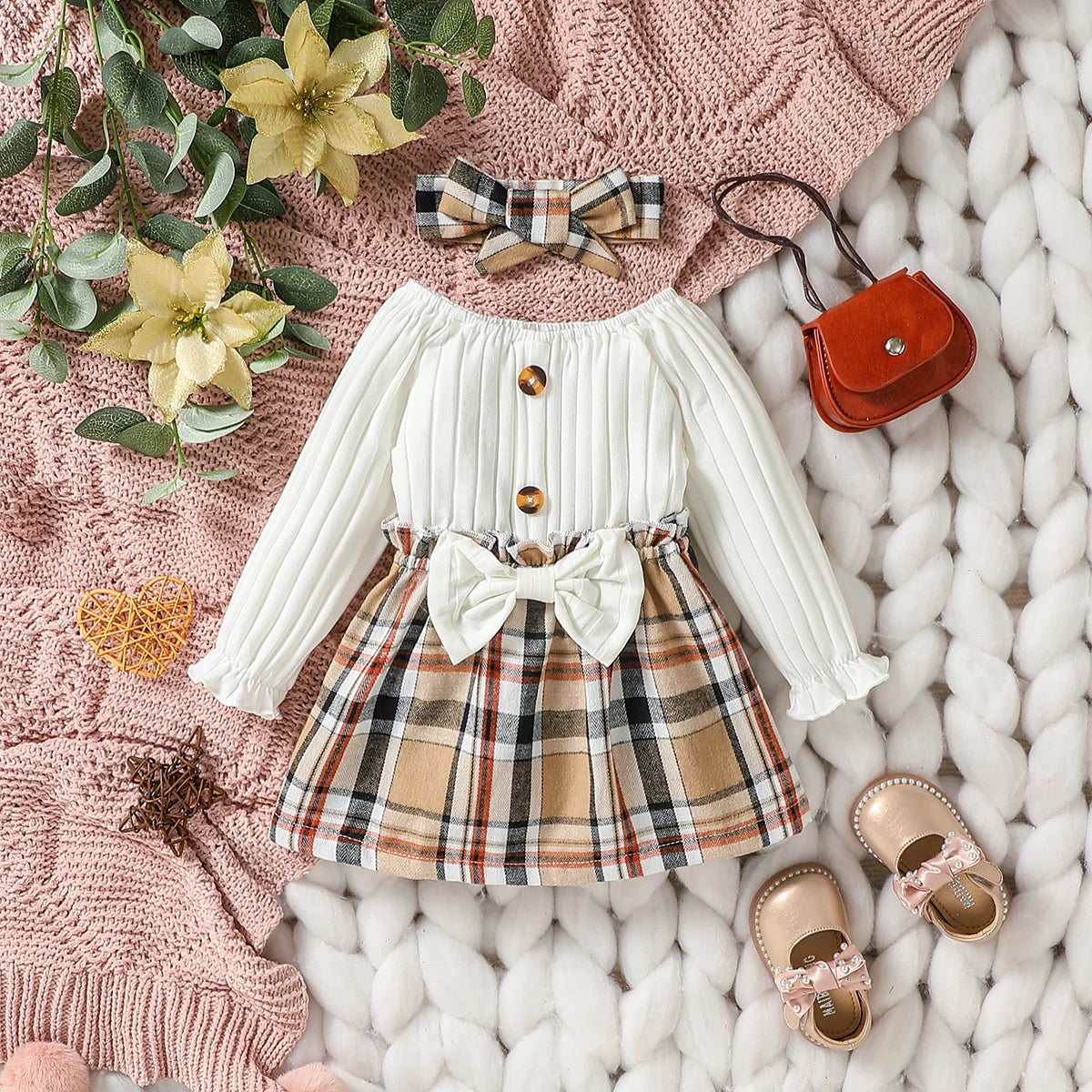 Baby Girls Autumn Long Sleeve With Bow Plaid Fahion  Cute Dress