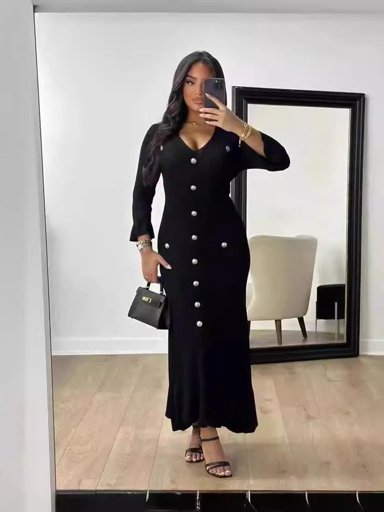 Office Lady Elegant Knitted Long Dress Summer Short Sleelve V Neck Single Breasted Bodycon Dresses Women Party Fashion Vestidos