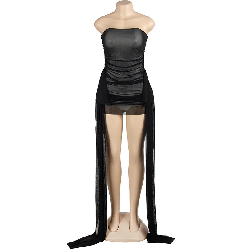 YUZHEXI strapless side ribbons double layered mesh mini dress women party birthday tube robe black white red