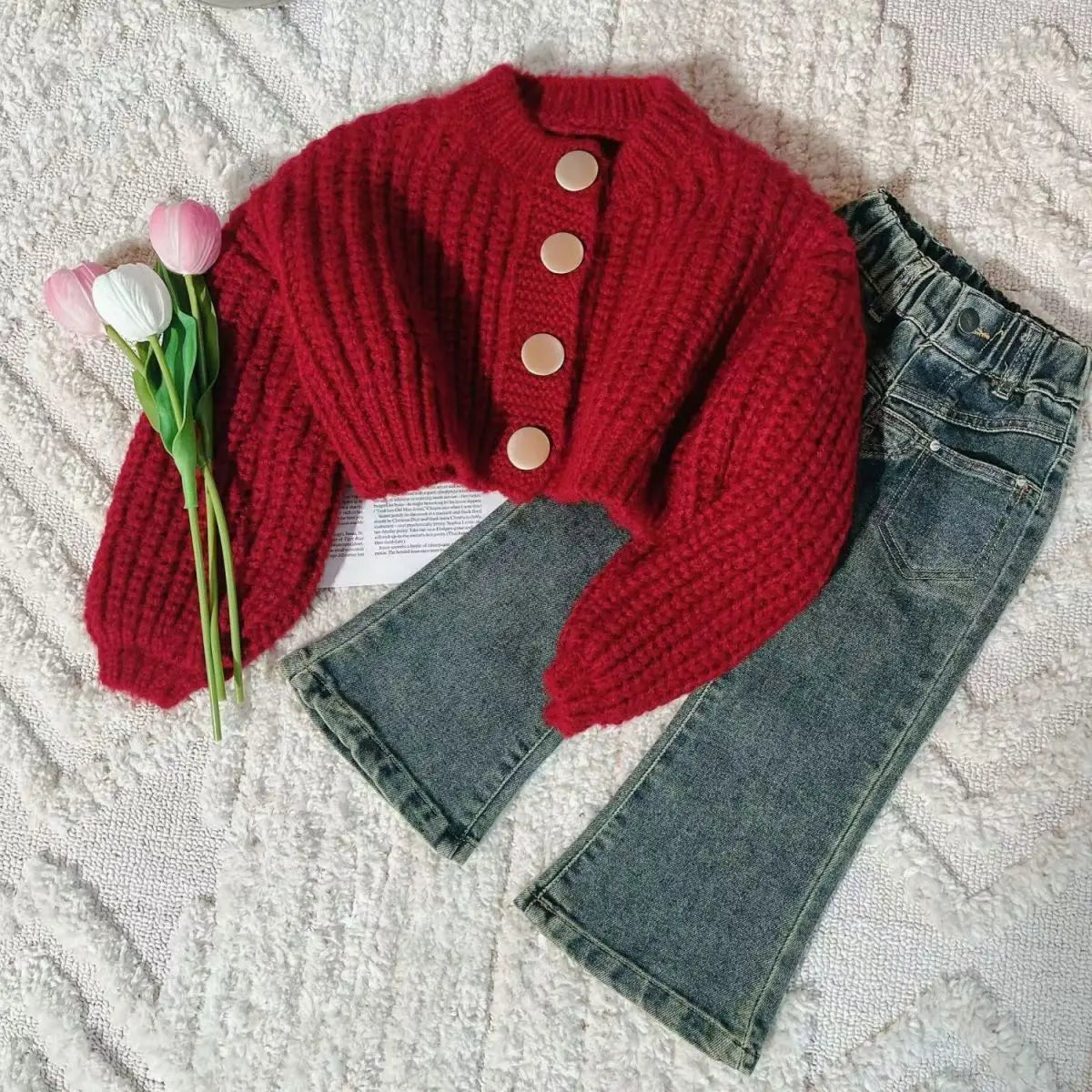 Girl Red Cardigan Coat+Jeans Set