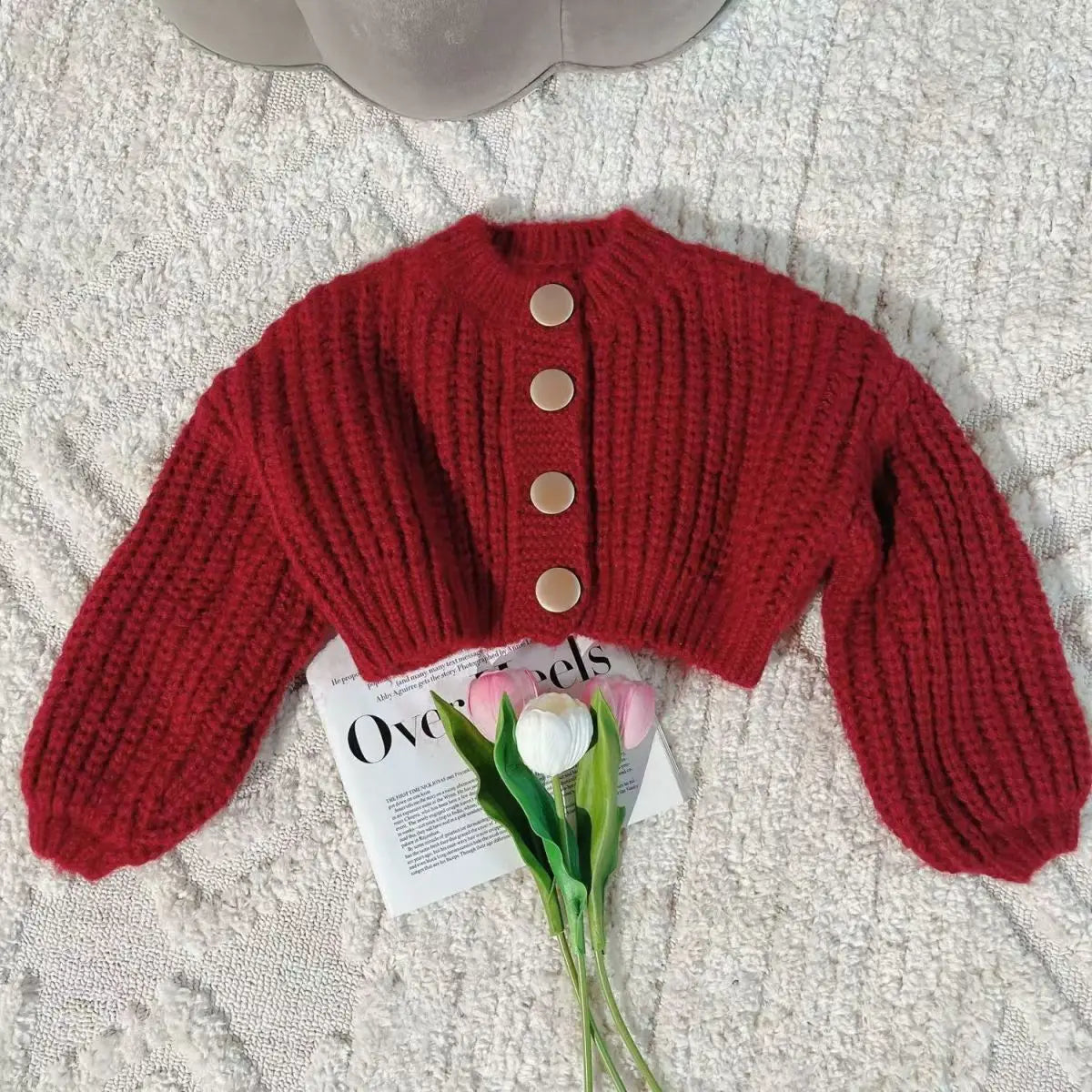 Girl Red Cardigan Coat+Jeans Set