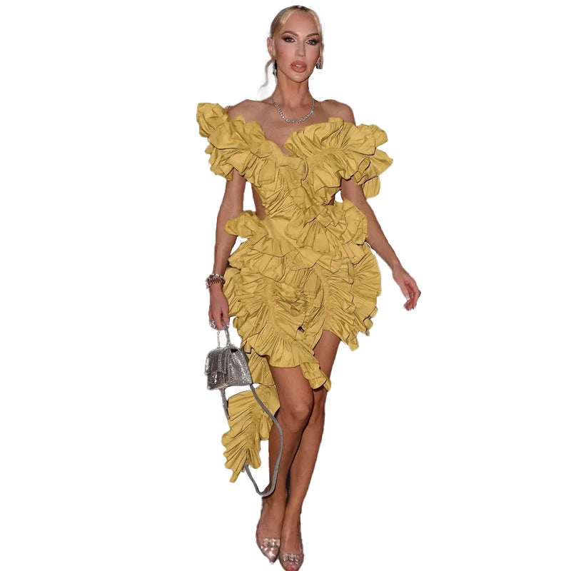 Women Strapless Ruffles Tassel Splicing Irregular Birthday Bodycon Midi Maxi Dress 2024 Even Sexy Party Dresses Vestidos