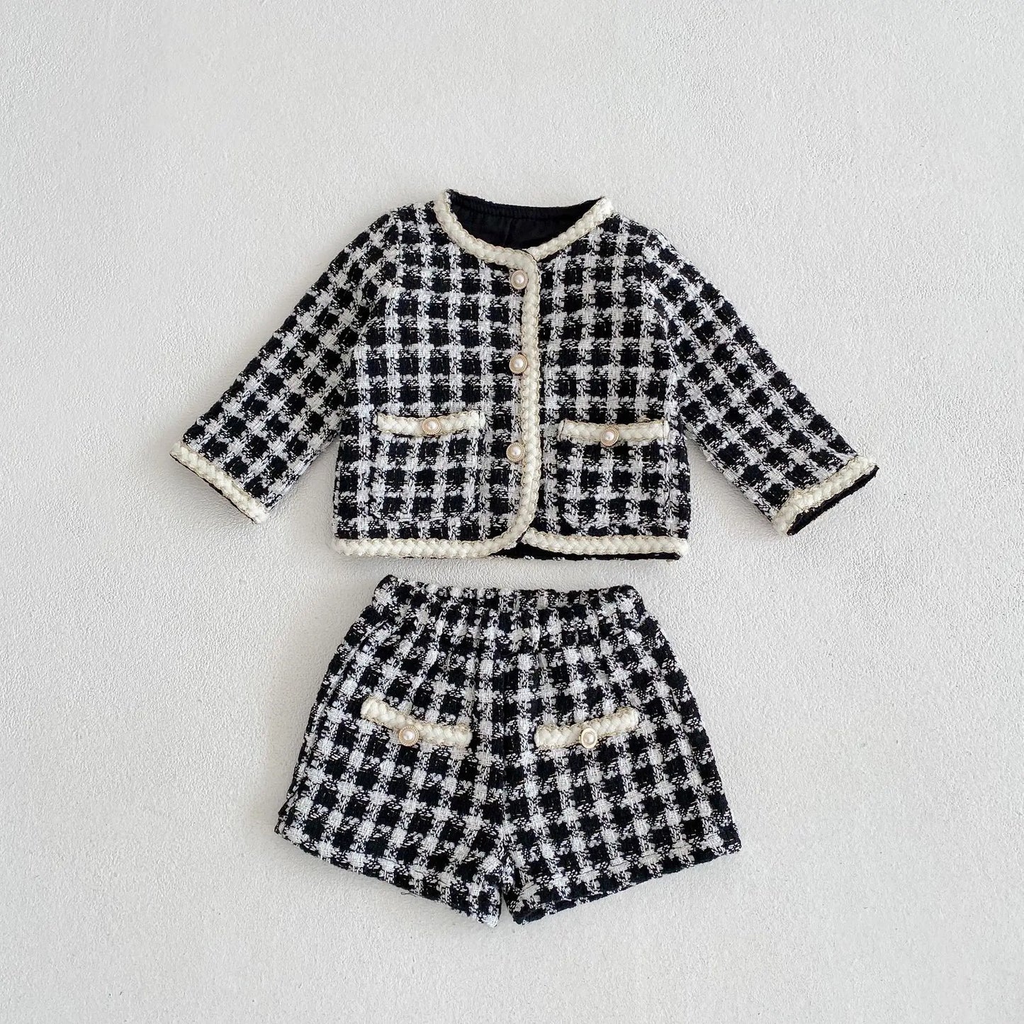 New Baby Boys And Girls' Tweed Black Plaid Long Sleeved Shirt With Open Coat And Short Pant