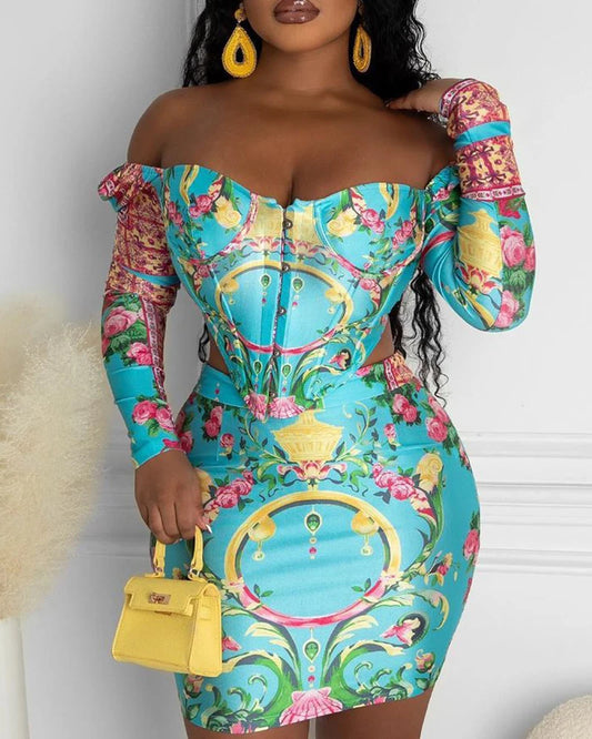 Women's Casual Cold Shoulder Long Sleeve Skirt Set Asymmetrical Mini Sexy Bodycon All over Print Outfit for Various Occasions
