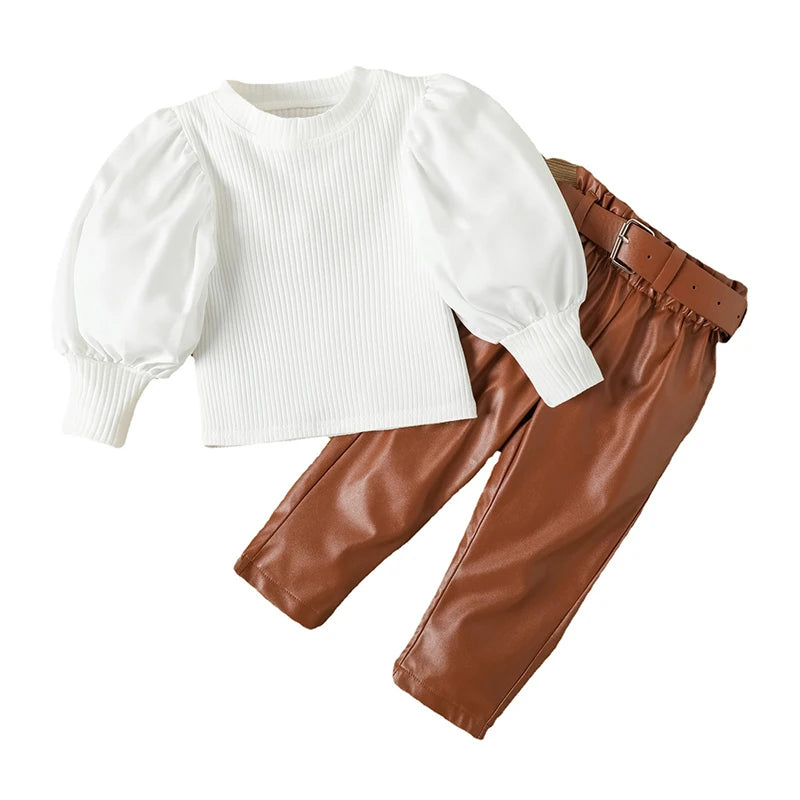 Kids Girls Clothing Set Long Puff Sleeve Ribbed Blouse Tops, PU Leather Pants with Belt