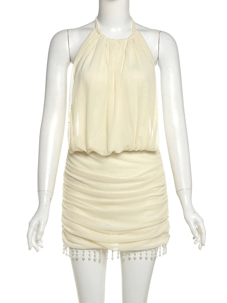 Mesh & Clubwear Fantasy Enchanted Edge Pearl Trim Halter Mini Dress