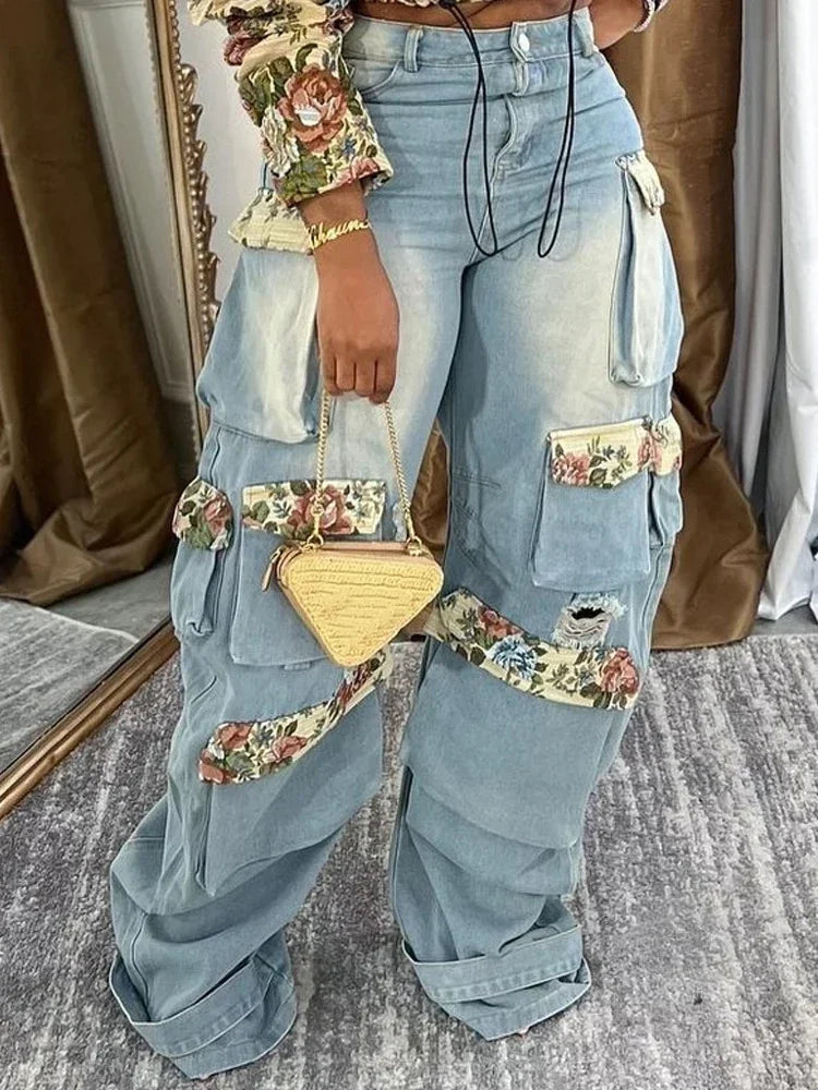 Denim Outfit Women Floral Patchwork Zipper Fly Drawstring Cropped Jacket + Pockets Cargo Jeans 2 Piece Set Streetwear Tracksuits