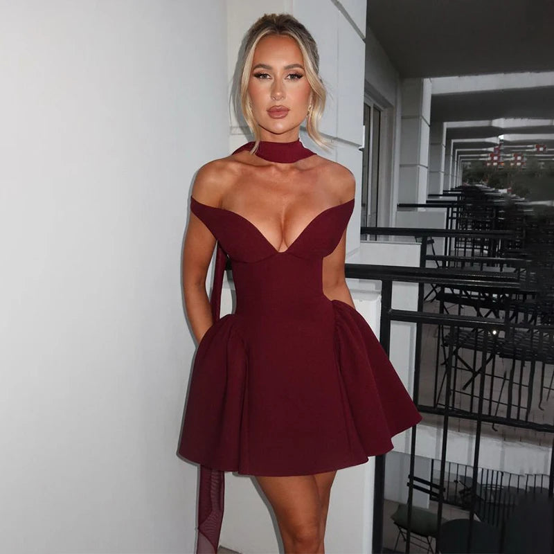 Avrilyaan Deep V Off Shoulder Backless Sexy A-line Dress Women Elegant Party Dress Slash Neck Bodycon Mini