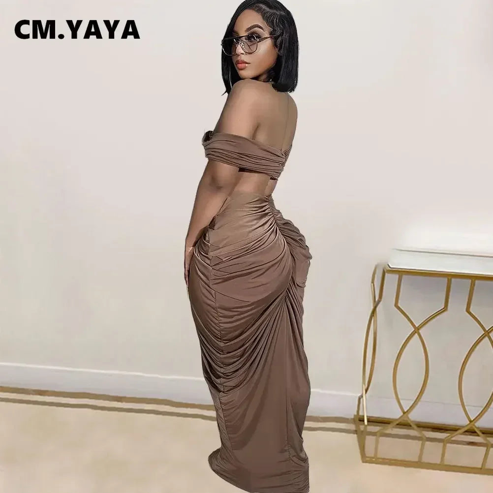 CM.YAYA Stacked Ruched Women's Set Off Shoulder Crop Top and Low Waist Maxi Long Skirts 2023 Sexy Party Two 2 Piece Sets Outfits