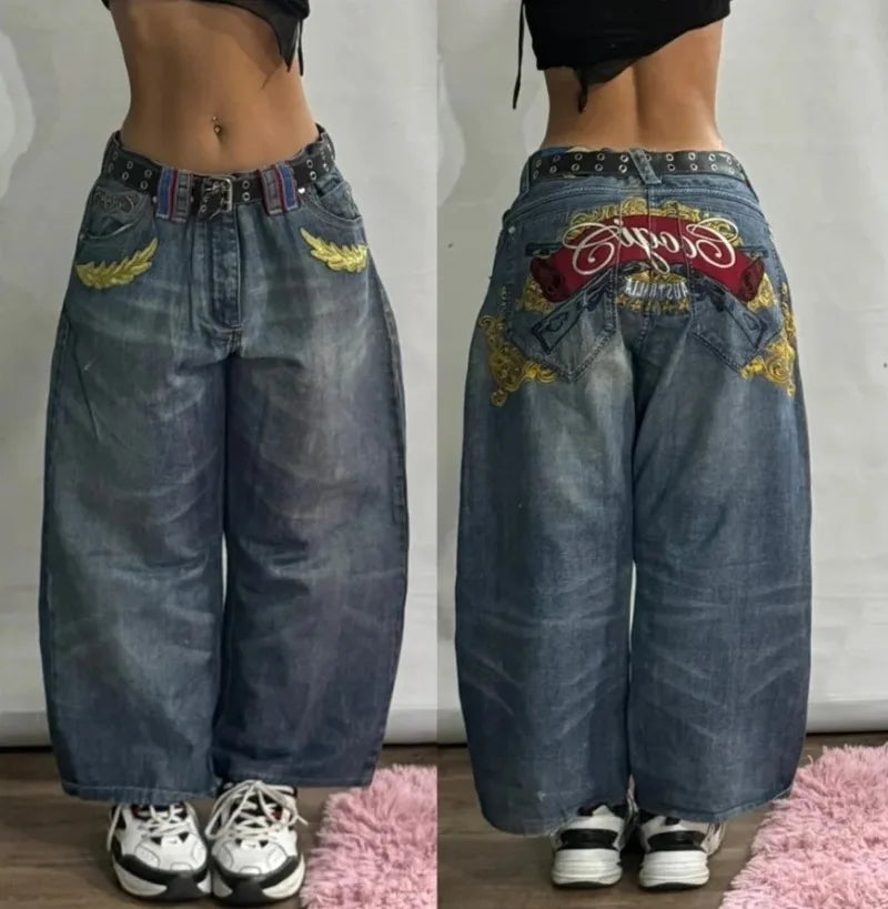 Streetwear Fashion New Letter Graphic Embroidery Baggy Jeans Women Y2K Gothic Harajuku Vintage Popular High Waist Wide Leg Pants