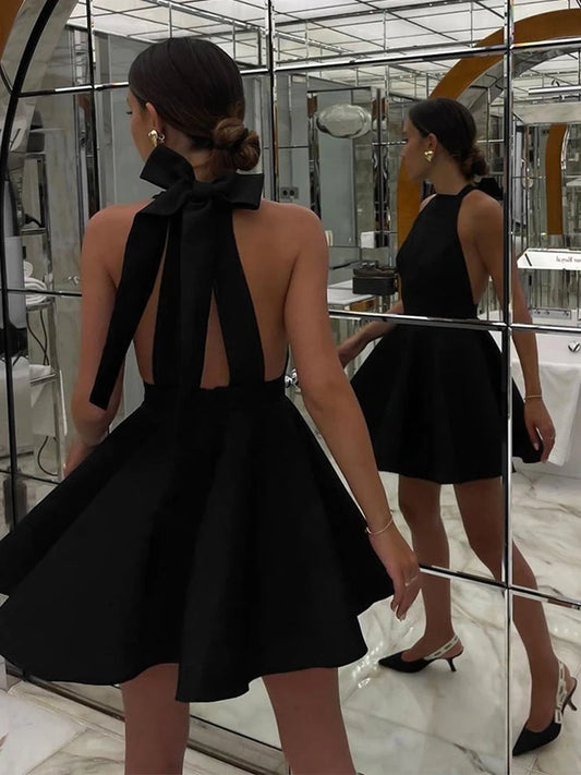 Vintage Stain Sexy Backless Halter Black Short Dress Women's Backless Pocket Short Dresses Female Birthday Party Evening Summer