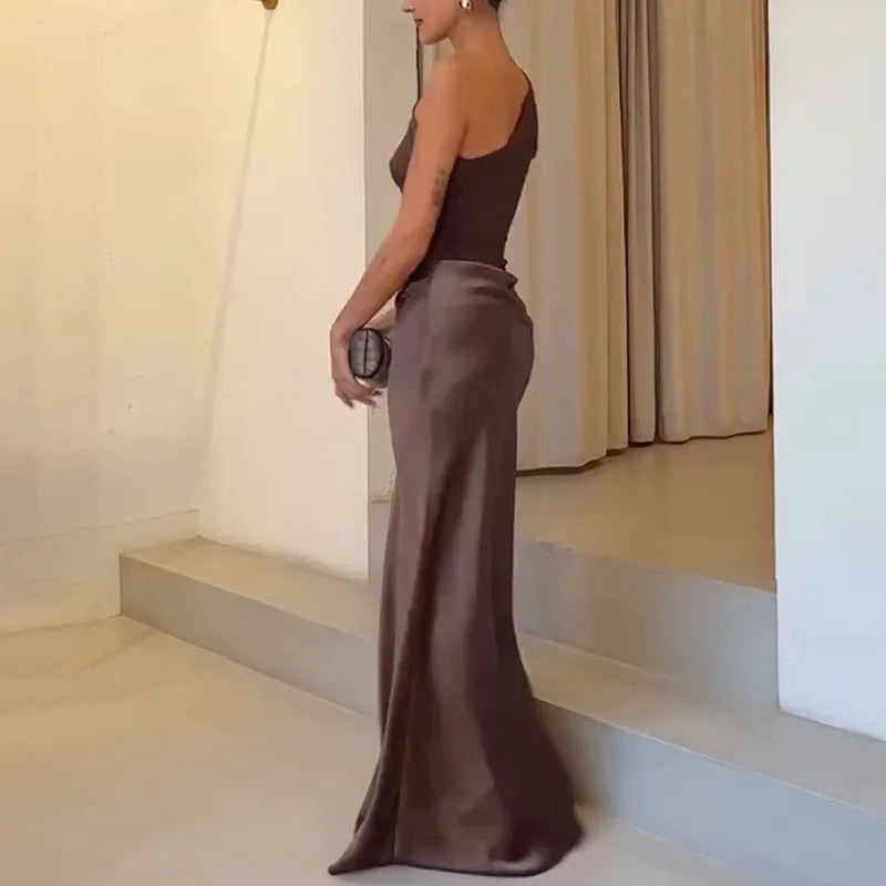 Sunset Aura One-Shoulder Contrast Maxi Dress