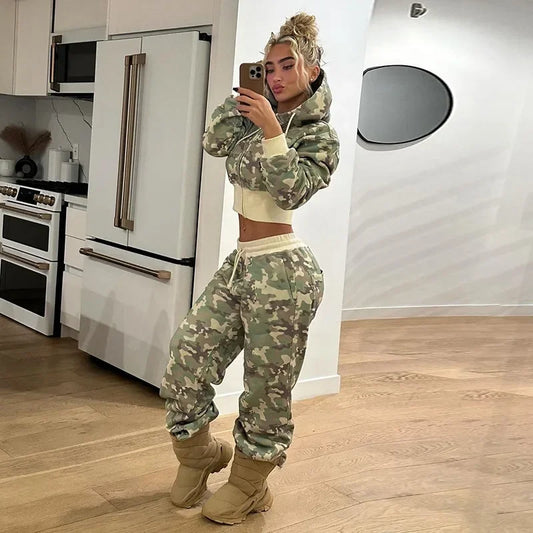 Women Camouflage Hooded Hoodie Sweatpants Casual Long Sleeve Zipper Jacket Hip Hop Sweatshirt Autumn Winter Y2K Streetwear Pants