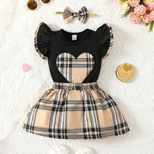 Summer Baby Girl Dress Set for 0-2Years 3PCS Ruffled Short Sleeve Heart Plaid Pattern Cut-out Design Infant Clothes Outfits