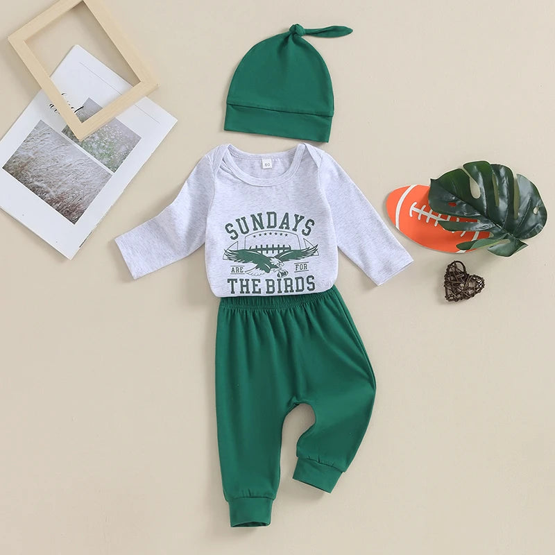 Baby 3Pcs Fall Outfits Long Sleeve Eagle Print Romper Pants Hat Set Infant Clothes