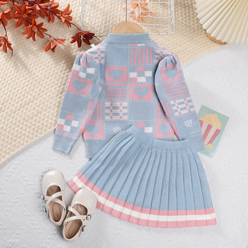 Girls Geometric Printed Knit Top+Striped Pleated Skirt Two Piece Set