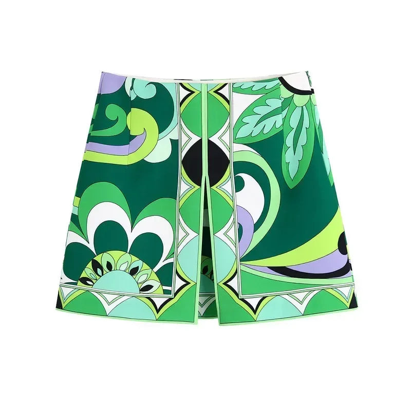 Summer Skirt Sets Women Tops 2024 Fashion Long Sleeve Plant Print Flower Shirt High Waist A-line Skirt Boho Beach Sets Y2k Skirt