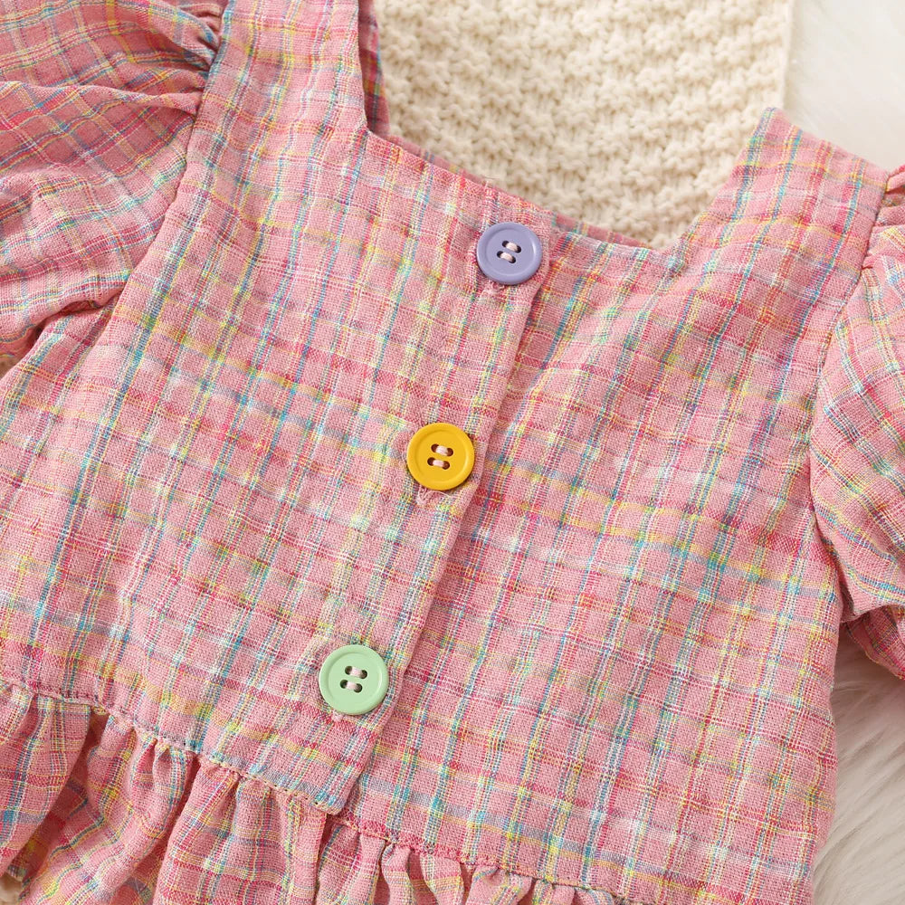 Baby Girl Cotton Color Plaid Bubble Sleeve Top And Shorts Set Cute Princess Style Two-Piece Set For Girls