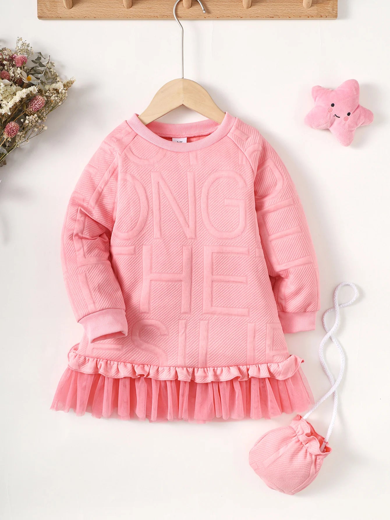 Children Girl Embossed Letter Long Skirt Autumn Long Sleeve Dress with Satchel Princess Dress Birthday Party Outfits