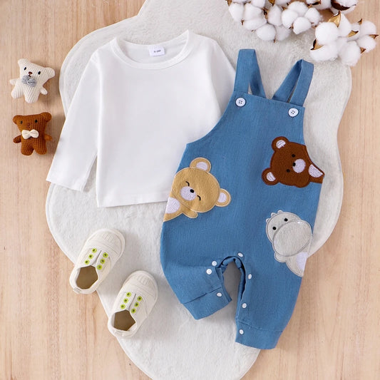 Infant Baby Boys Girls Outfit Long Sleeve T-shirt Embroidery Animals Overall Pants Fall Outfit Clothing Set