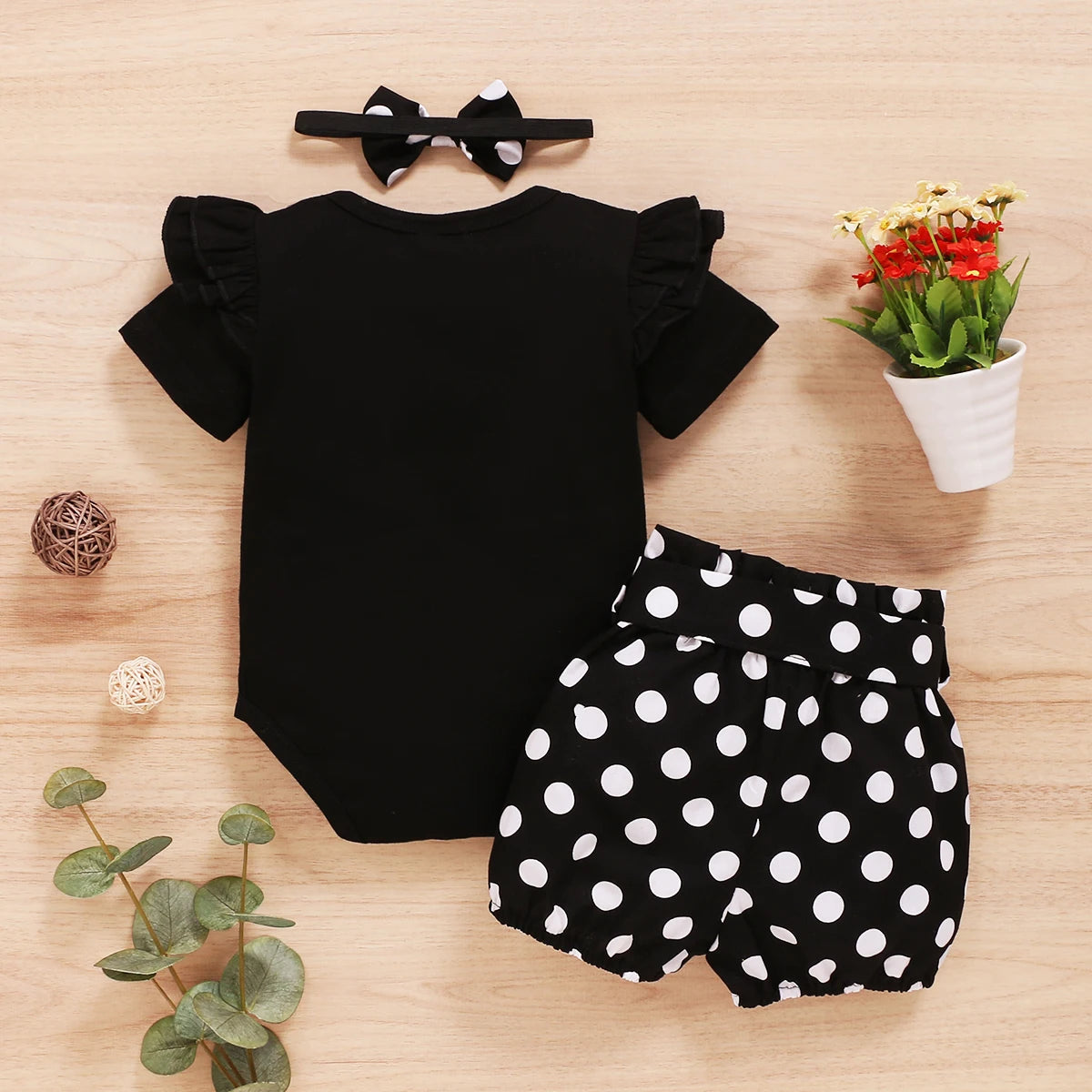 0-18Months Infants Baby Girl Set Black Short Sleeve Bodysuit+Polka Dot Shorts+Headband Toddler Girl Summer Fashion 3PCS Clothing