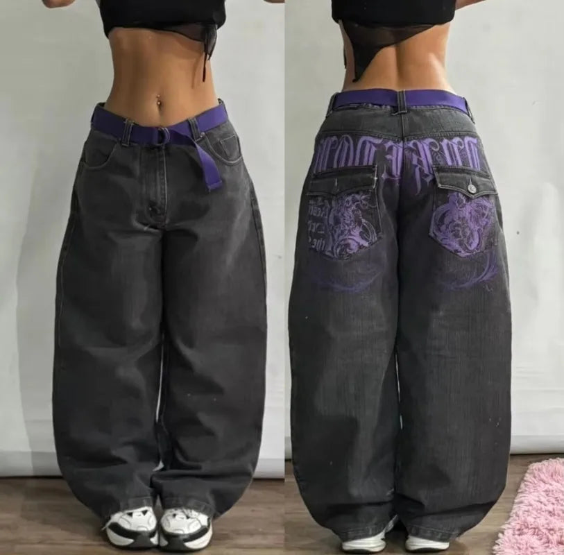 Streetwear Fashion New Letter Graphic Embroidery Baggy Jeans Women Y2K Gothic Harajuku Vintage Popular High Waist Wide Leg Pants